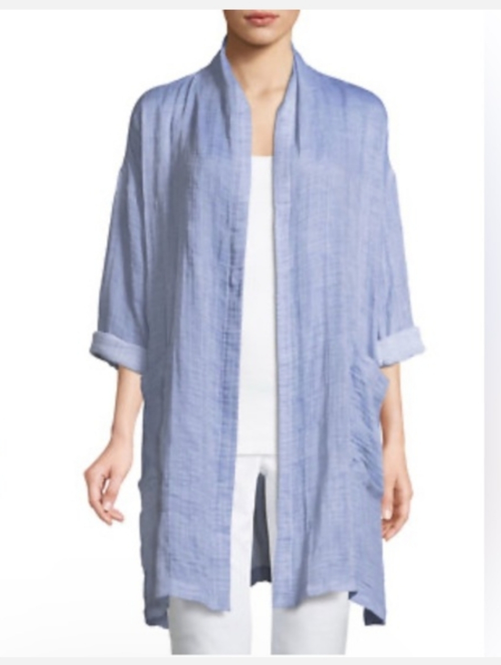 Eileen Fisher‎ Crinkle Gauze Kimono Coat Chambray Blue Size L/XL